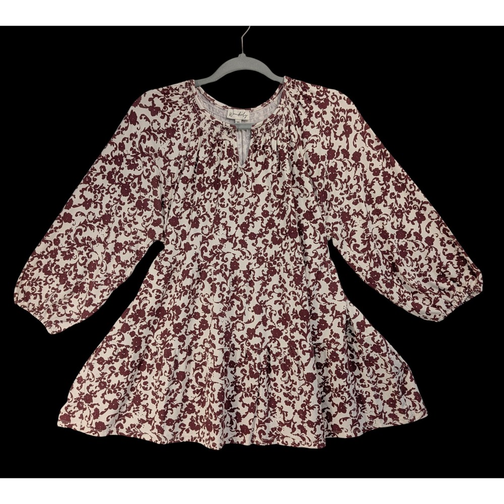 Wonderly XL tiered Babydoll Tunic Smoked Neck Cream/Maroon f. fall/winter/spring